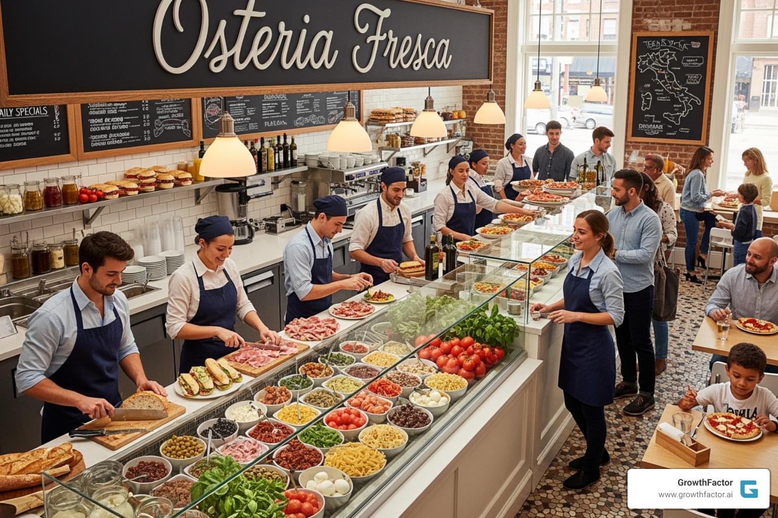 A bustling fast-casual Italian eatery with a counter and fresh ingredients on display - italian restaurant franchise