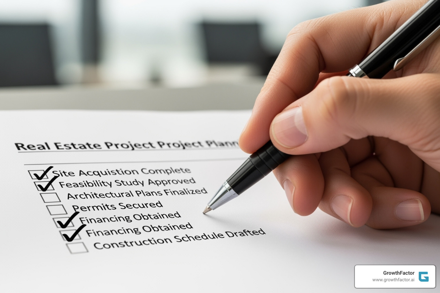 Checklist with items like "Zoning," "Market Demand," and "Financials" ticked off - real estate project feasibility