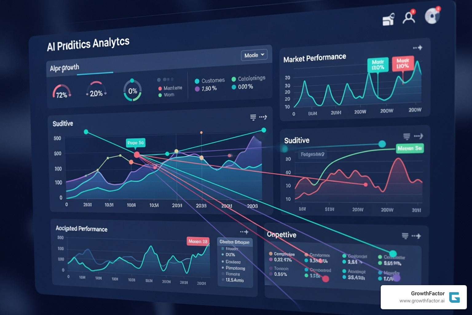 AI-powered analytics chart displaying predictive trend lines for potential commercial real estate sites, with data points for market growth, customer demographics, and competitive landscape - site selection technology