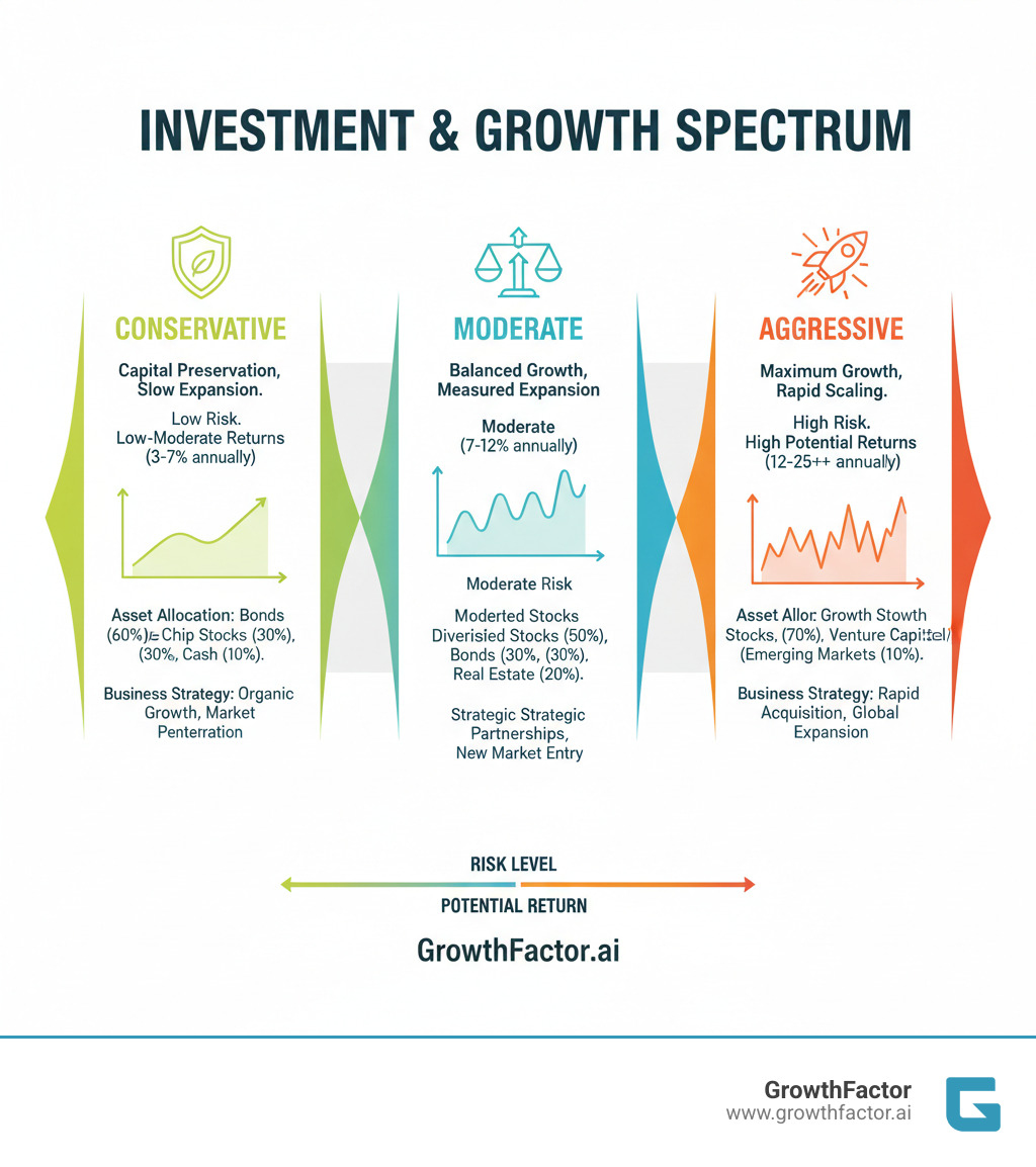 Infographic showing the complete spectrum of investment and business growth strategies from conservative (capital preservation, slow expansion) through moderate (balanced growth, measured expansion) to aggressive (maximum growth, rapid scaling) with corresponding risk levels, potential returns, and typical asset allocations or business strategies for each approach - Aggressive growth strategy infographic 