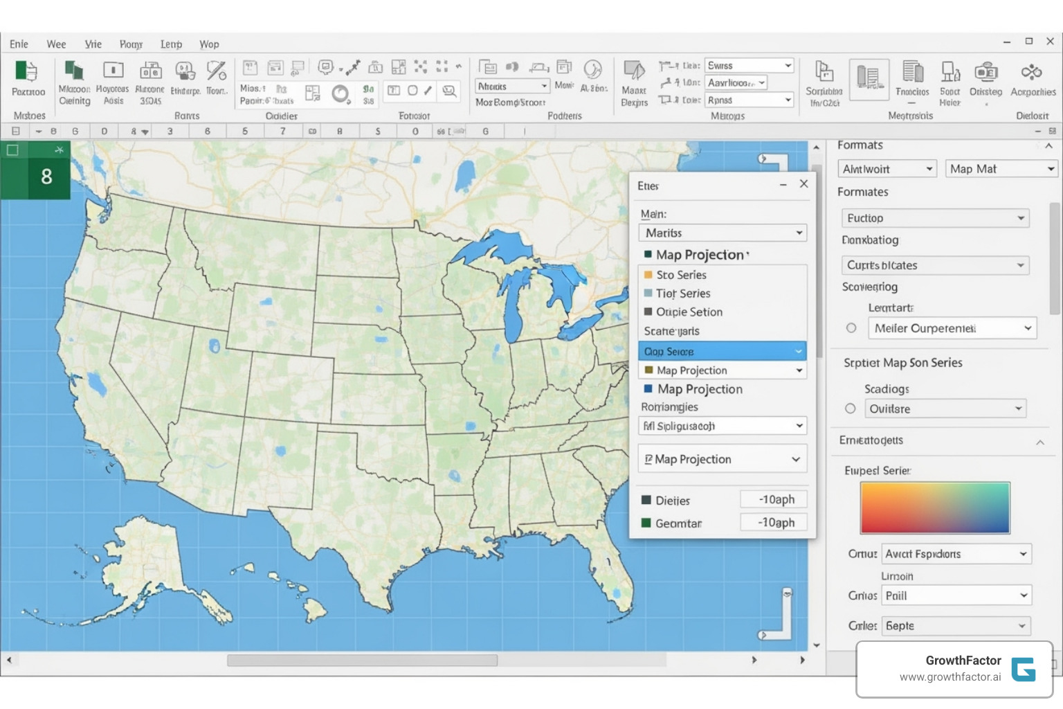 Format Data Series pane in Excel showing map projection and color options - how to create a territory map in excel Format Data Series pane in Excel showing map projection and color options - how to create a territory map in excel