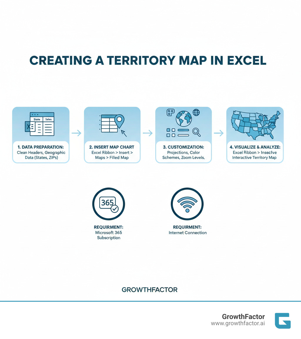 Infographic showing the complete process of creating a territory map in Excel, from data preparation with clean headers and geographic columns, through inserting a filled map chart via the Excel ribbon, to customization options including map projections, color schemes, and zoom levels, with annotations highlighting key requirements like Microsoft 365 subscription and internet connection - how to create a territory map in excel infographic  Infographic showing the complete process of creating a territory map in Excel, from data preparation with clean headers and geographic columns, through inserting a filled map chart via the Excel ribbon, to customization options including map projections, color schemes, and zoom levels, with annotations highlighting key requirements like Microsoft 365 subscription and internet connection - how to create a territory map in excel infographic