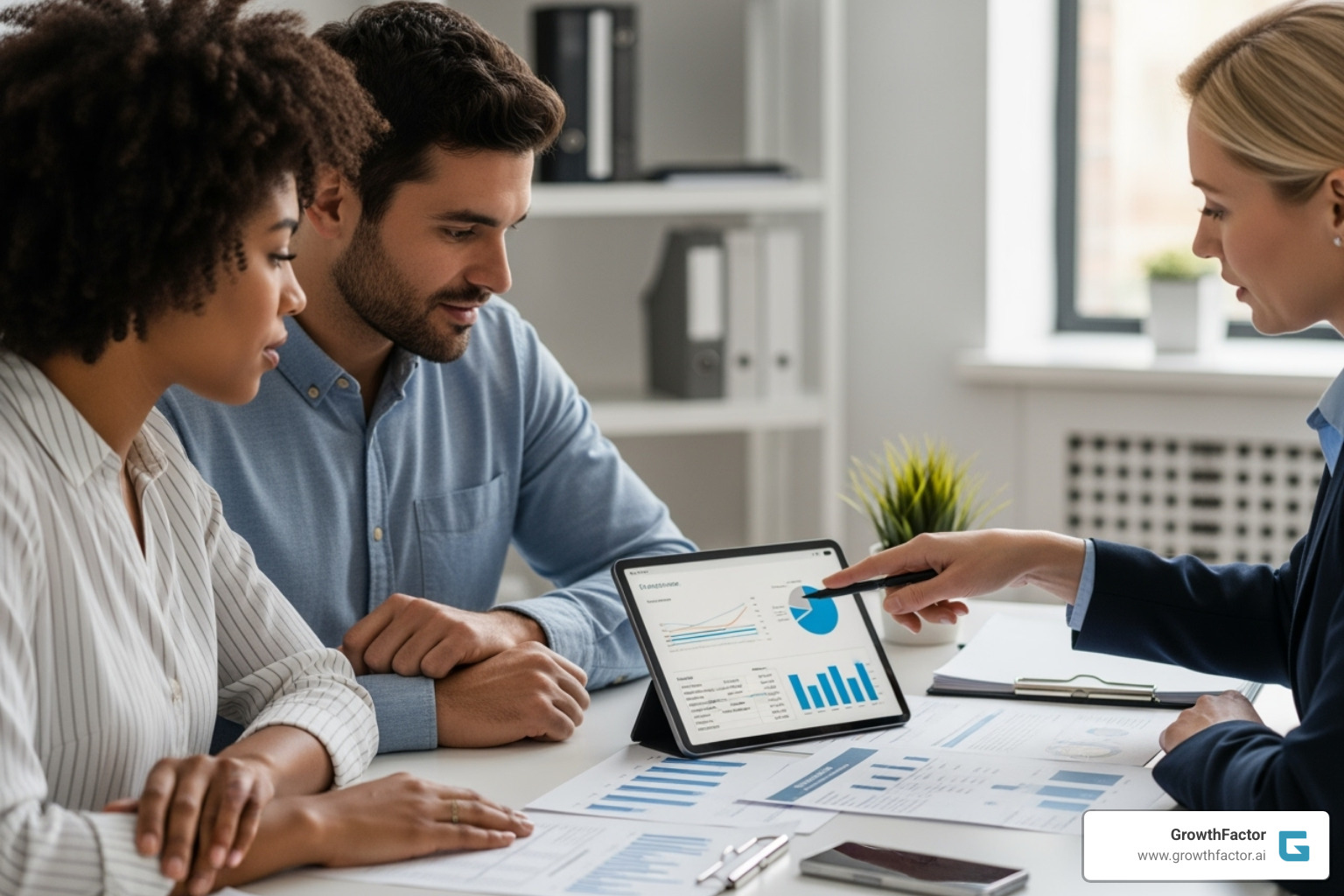 A couple meeting with a financial advisor, reviewing documents on a tablet and paper. - Informed property decisions A couple meeting with a financial advisor, reviewing documents on a tablet and paper. - Informed property decisions