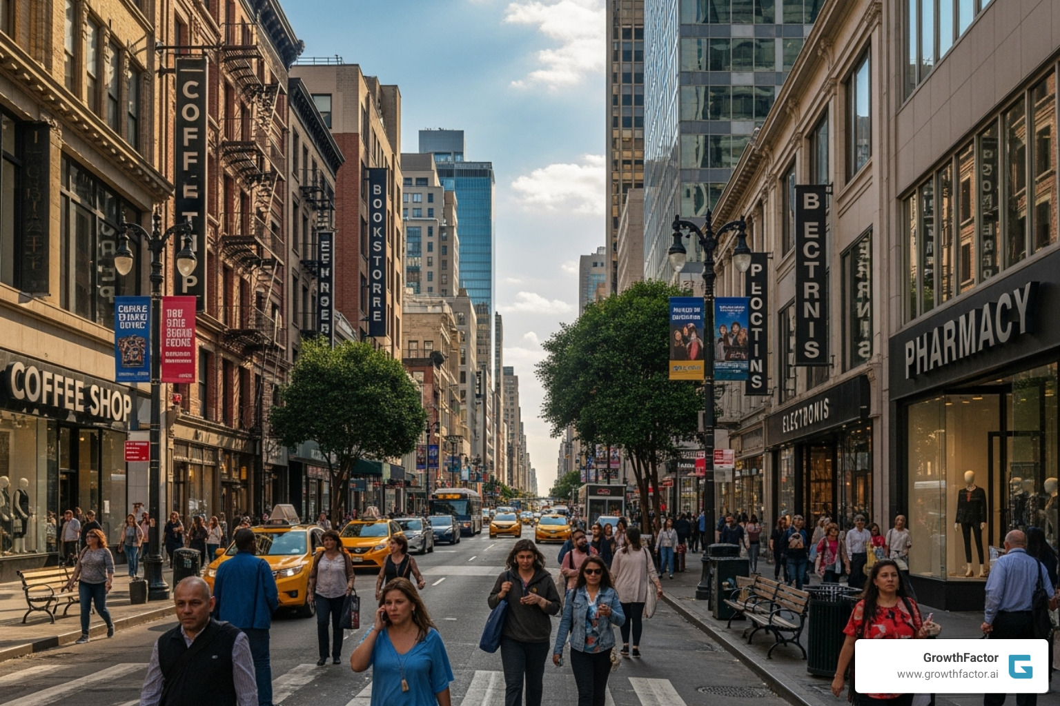 busy city street with diverse retail storefronts - discover new opportunities busy city street with diverse retail storefronts - discover new opportunities