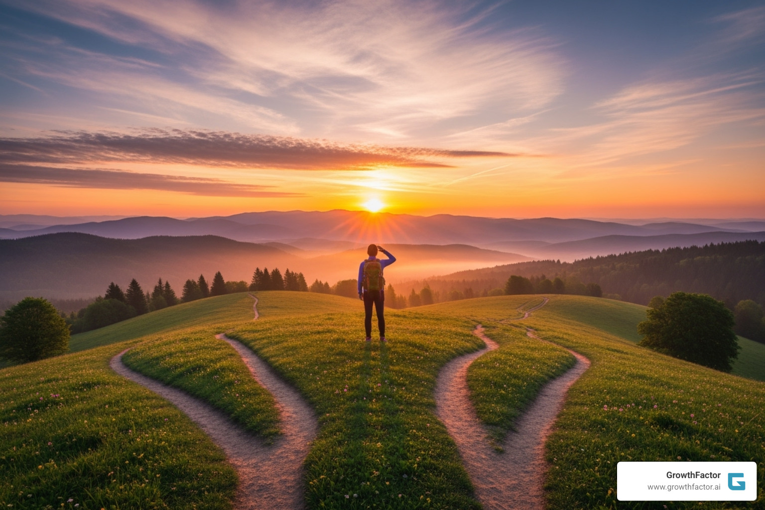 person standing on a hill looking out at a sunrise over a landscape with multiple diverging paths - discover new opportunities person standing on a hill looking out at a sunrise over a landscape with multiple diverging paths - discover new opportunities