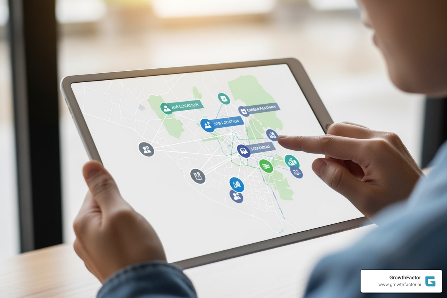 person using a tablet to interact with a map showing career pathways and job locations - discover new opportunities person using a tablet to interact with a map showing career pathways and job locations - discover new opportunities