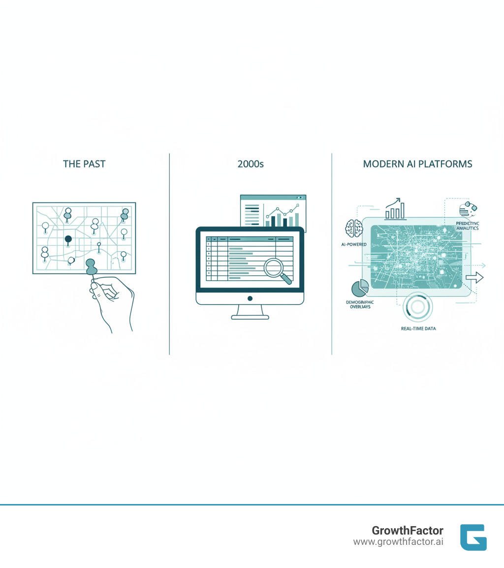 infographic showing the evolution of territory mapping from physical pins on maps in the past, to spreadsheet-based analysis in the 2000s, to modern AI-powered platforms with real-time data visualization, demographic overlays, and predictive analytics - territory mapping infographic infographic showing the evolution of territory mapping from physical pins on maps in the past, to spreadsheet-based analysis in the 2000s, to modern AI-powered platforms with real-time data visualization, demographic overlays, and predictive analytics - territory mapping infographic