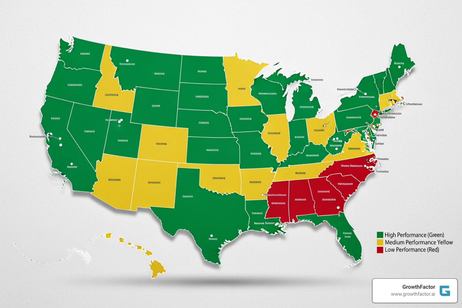 Map with color-coded franchise territories indicating performance levels - franchise analytics platform to track unit economics
