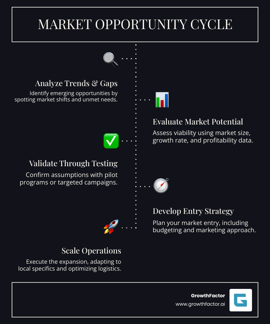 infographic showing the market opportunity identification cycle: analyze trends and gaps, evaluate market potential, validate through testing, develop entry strategy, and scale operations - find new markets infographic infographic-line-5-steps-dark