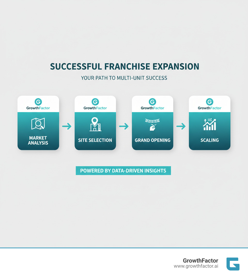 Infographic showing a flowchart of successful franchise expansion starting with market analysis, site selection, grand opening, and then scaling, with GrowthFactor logo at each stage - cheap franchise opportunities infographic Infographic showing a flowchart of successful franchise expansion starting with market analysis, site selection, grand opening, and then scaling, with GrowthFactor logo at each stage - cheap franchise opportunities infographic