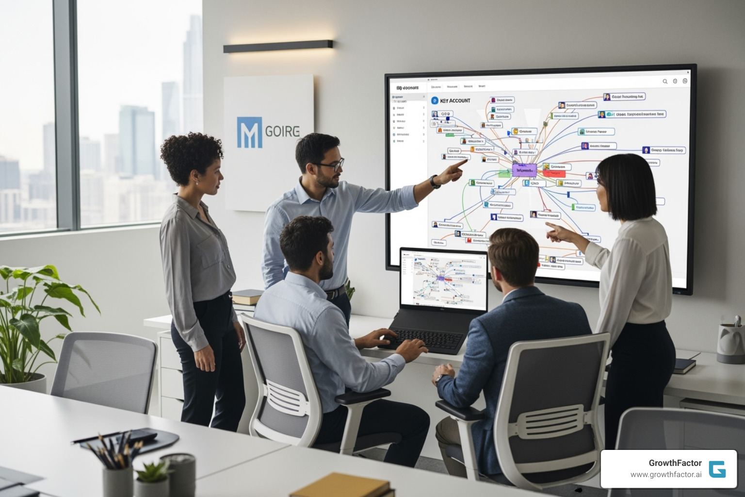 A sales team collaborating around a digital relationship map, highlighting connections and strategic targets within a key account. - whitespace sales