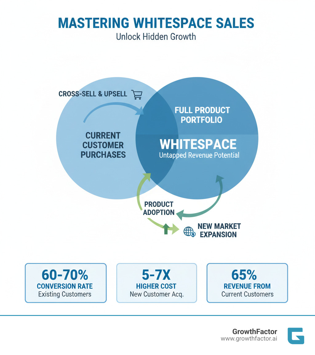 Infographic showing whitespace as the gap between current customer purchases and full product portfolio, with arrows indicating cross-sell, upsell, and new market expansion opportunities. Includes statistics: 60-70% conversion rate for existing customers, 5-7x higher cost for new customer acquisition, and 65% of revenue from current customers - whitespace sales infographic 