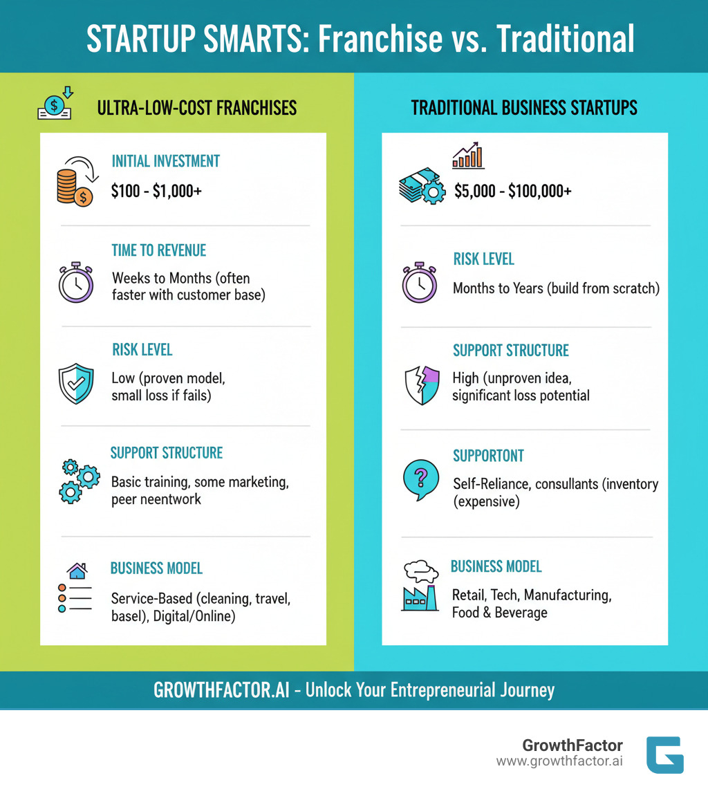 infographic showing comparison between ultra-low-cost franchises and traditional business startups, including initial investment, time to revenue, risk level, support structure, overhead costs, and typical business models for each approach - cheap franchises under $1000 infographic 