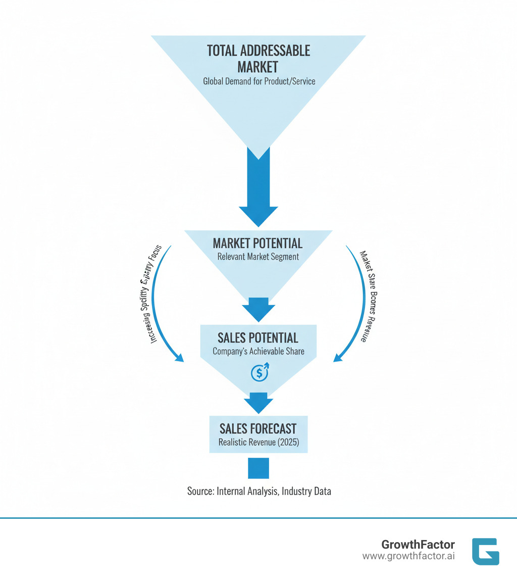 infographic showing the hierarchy of market analysis: Total Addressable Market at the top, flowing down to Market Potential, then Sales Potential, and finally Sales Forecast at the bottom, with each level becoming more specific to your company's realistic achievable revenue - Sales potential analysis infographic 