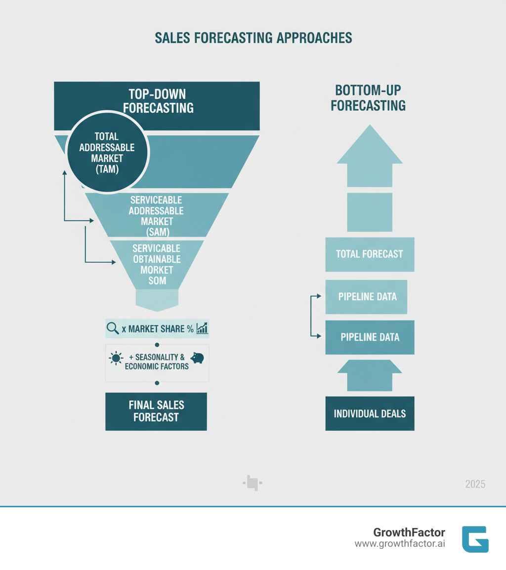 Infographic showing the top-down forecasting process: Start with Total Addressable Market (TAM) at the top of a funnel, narrow to Serviceable Addressable Market (SAM) in the middle, then to Serviceable Obtainable Market (SOM), apply your estimated market share percentage, and add adjustments for seasonality and economic factors to reach your final sales forecast. On the right side, contrast this with bottom-up forecasting which starts with individual deals, sales activities, and pipeline data building upward to a total forecast. - top down sales forecast infographic 