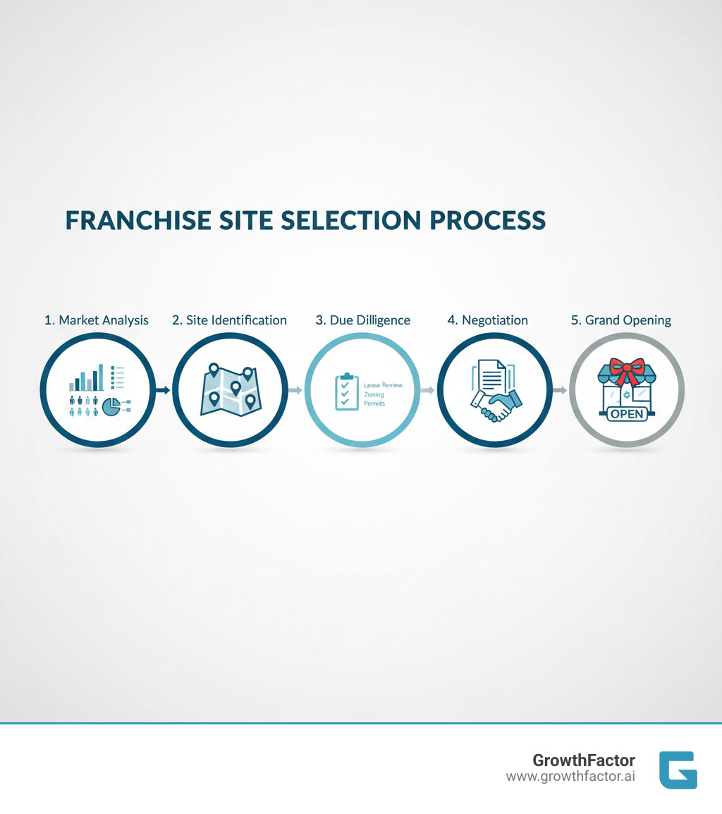 franchise site selection process infographic showing five stages: Market Analysis with demographic charts, Site Identification with map pins, Due Diligence with checklist, Negotiation with contract documents, and Grand Opening with storefront ribbon cutting - franchise site selection infographic 