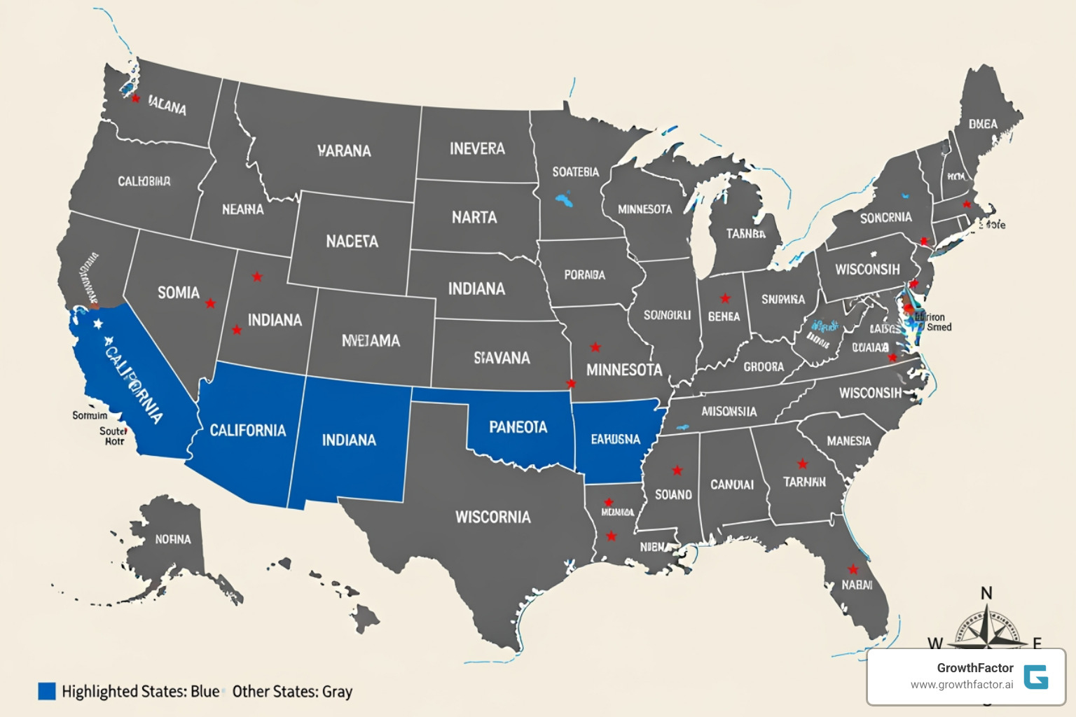 Map highlighting California, Indiana, Minnesota, and Wisconsin - free franchise disclosure document