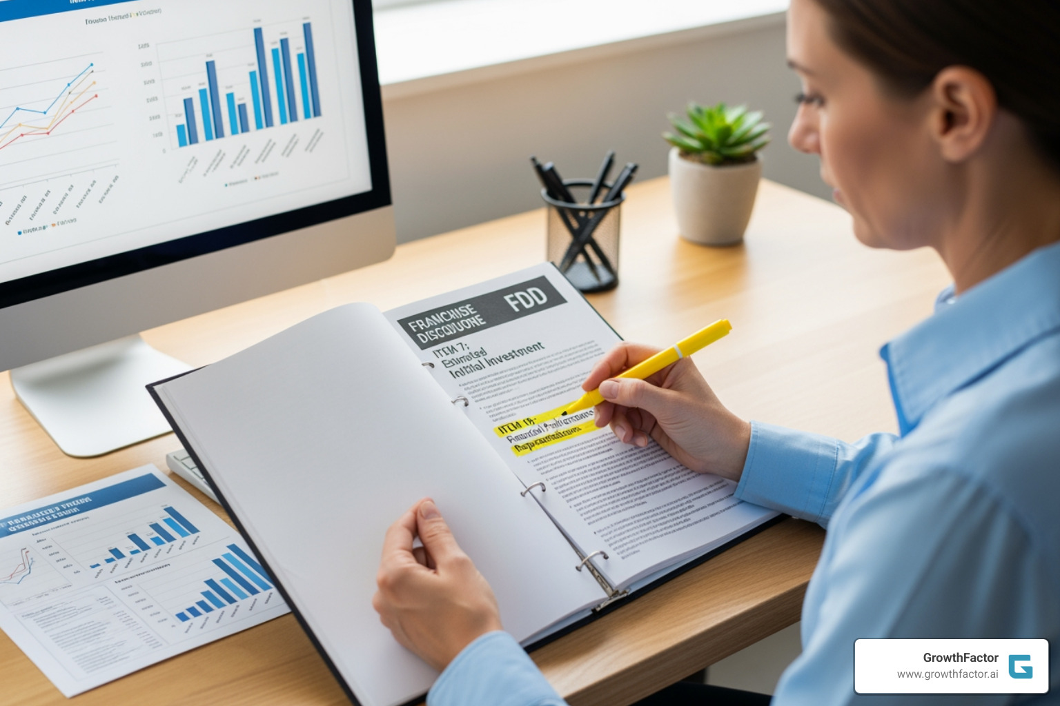Person highlighting sections of an FDD with financial charts - free franchise disclosure document