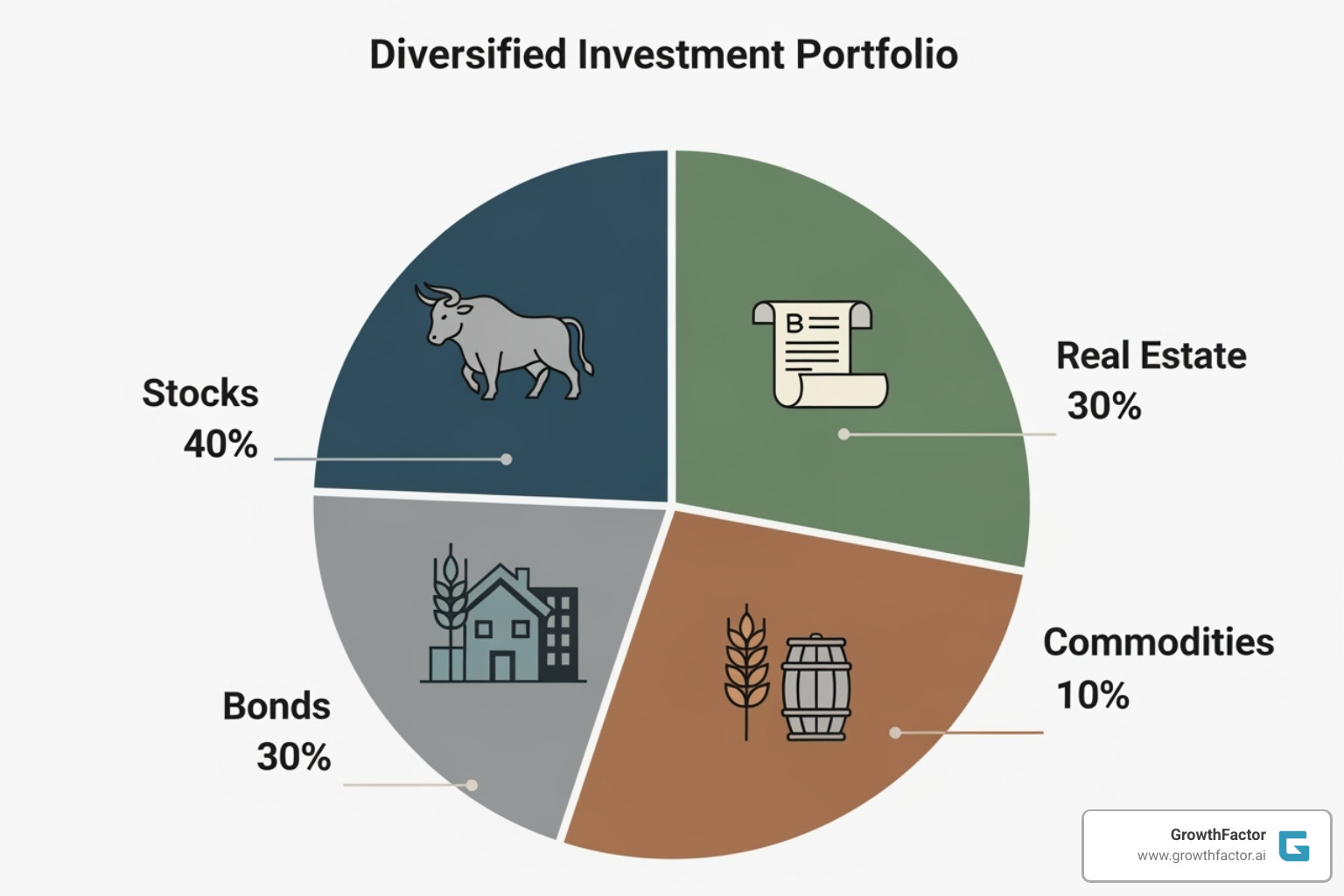 diversified portfolio pie chart with asset icons - Portfolio growth strategy