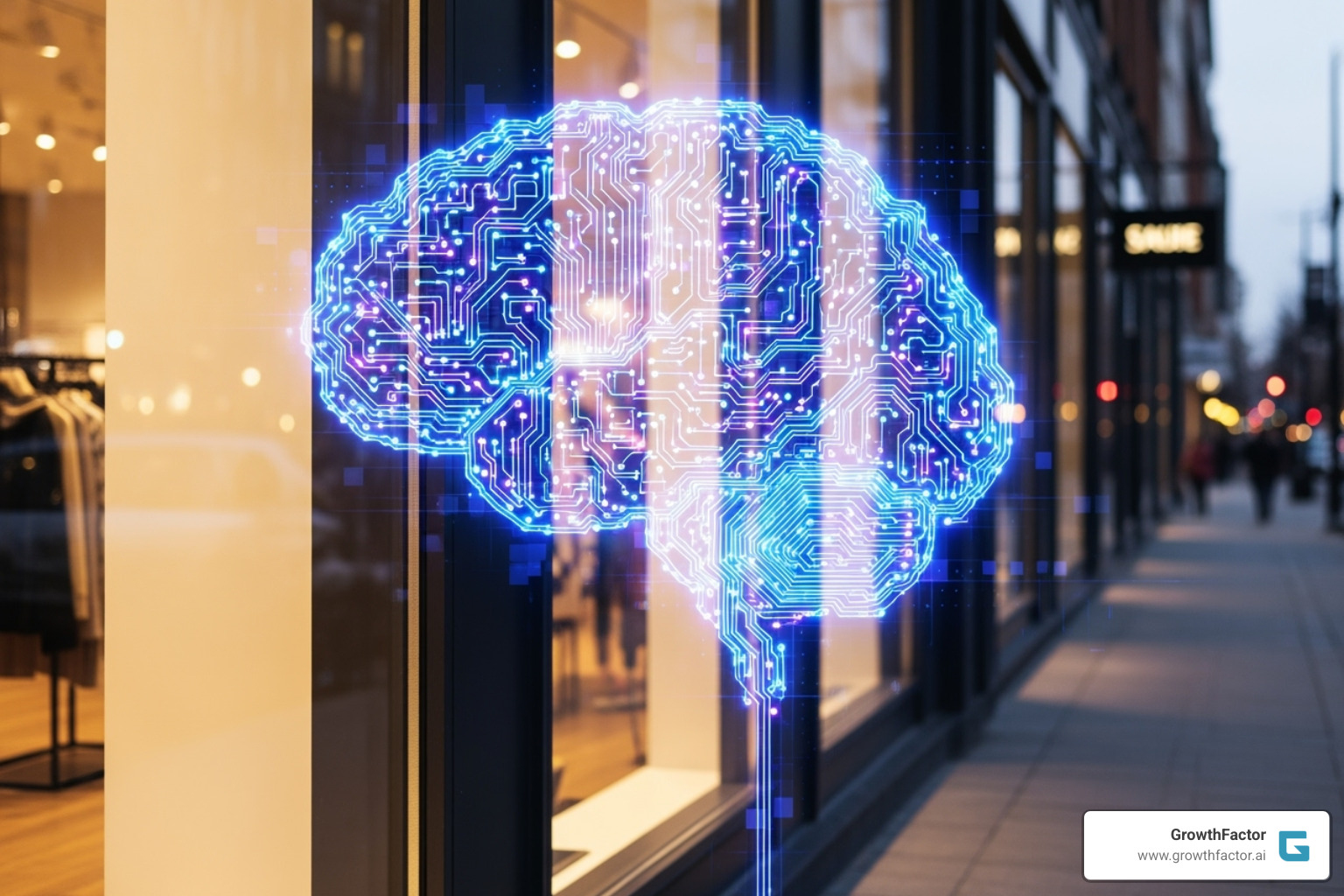 Brain icon made of digital circuits superimposed on a retail storefront — AI powered retail analytics