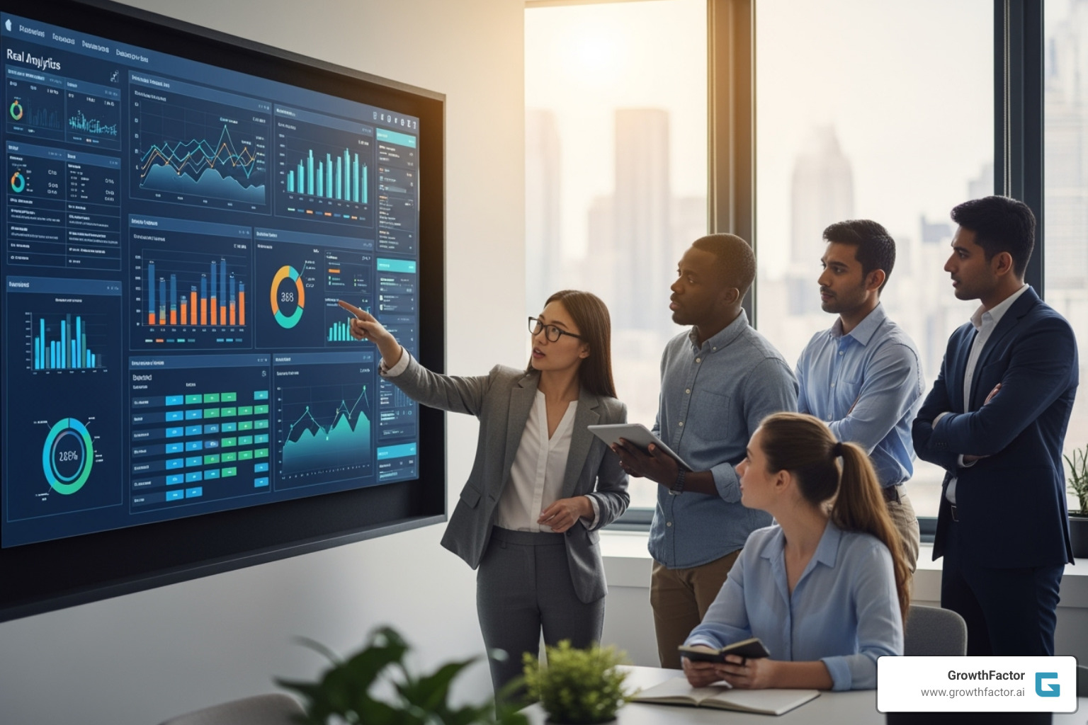 diverse team collaborating around a screen showing analytics - Retail analytics platform