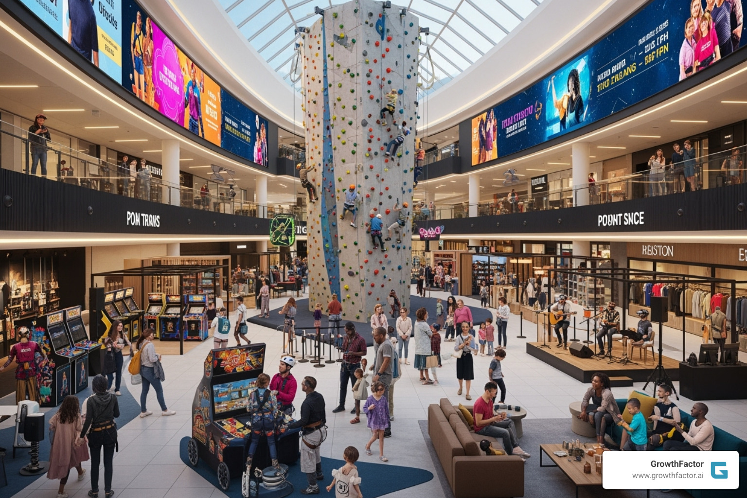 Experiential retail concept within a mall, featuring an indoor climbing wall and diverse activities - mall foot traffic data