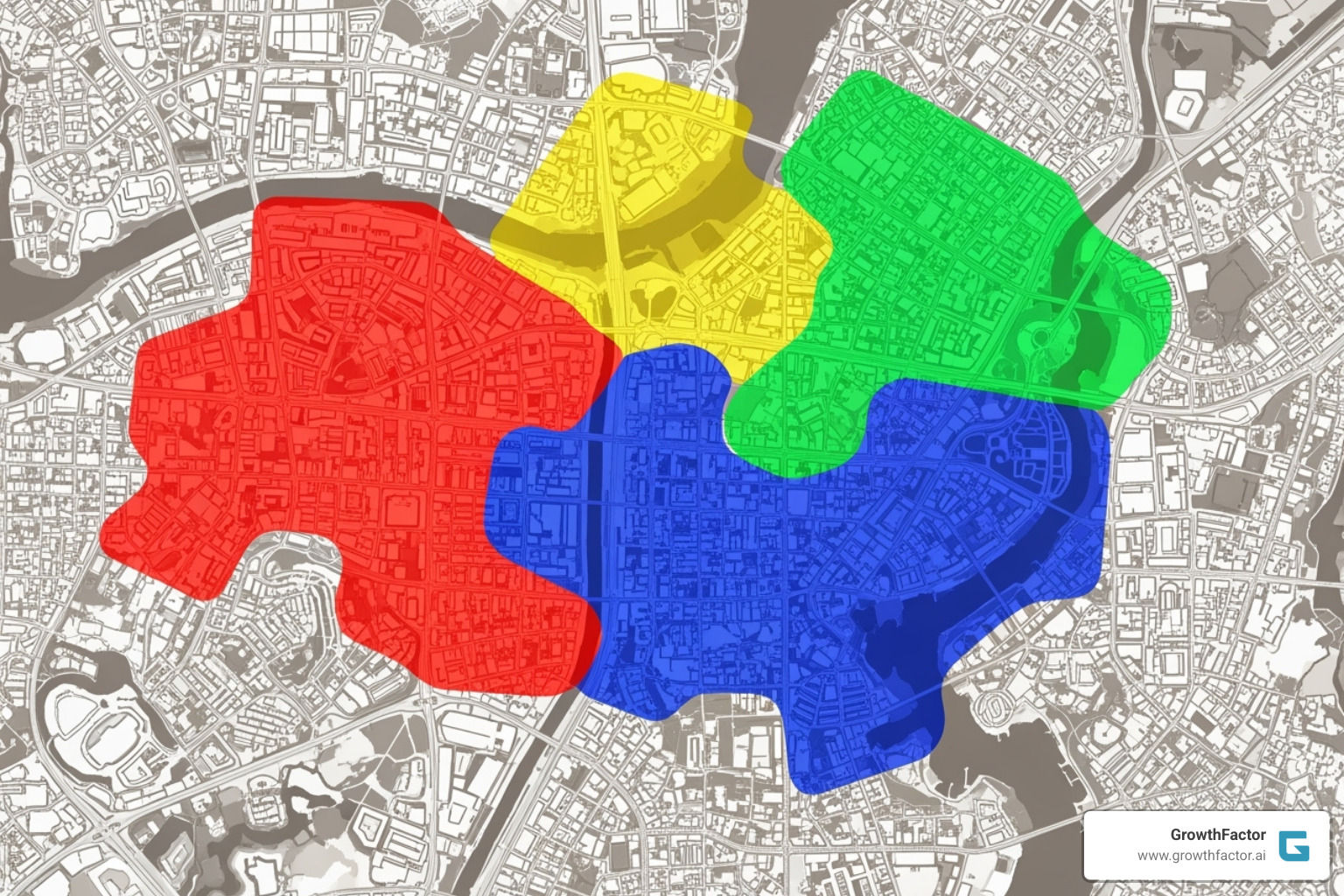 map showing overlapping trade areas and cannibalization risk - retail site selection software map showing overlapping trade areas and cannibalization risk - retail site selection software