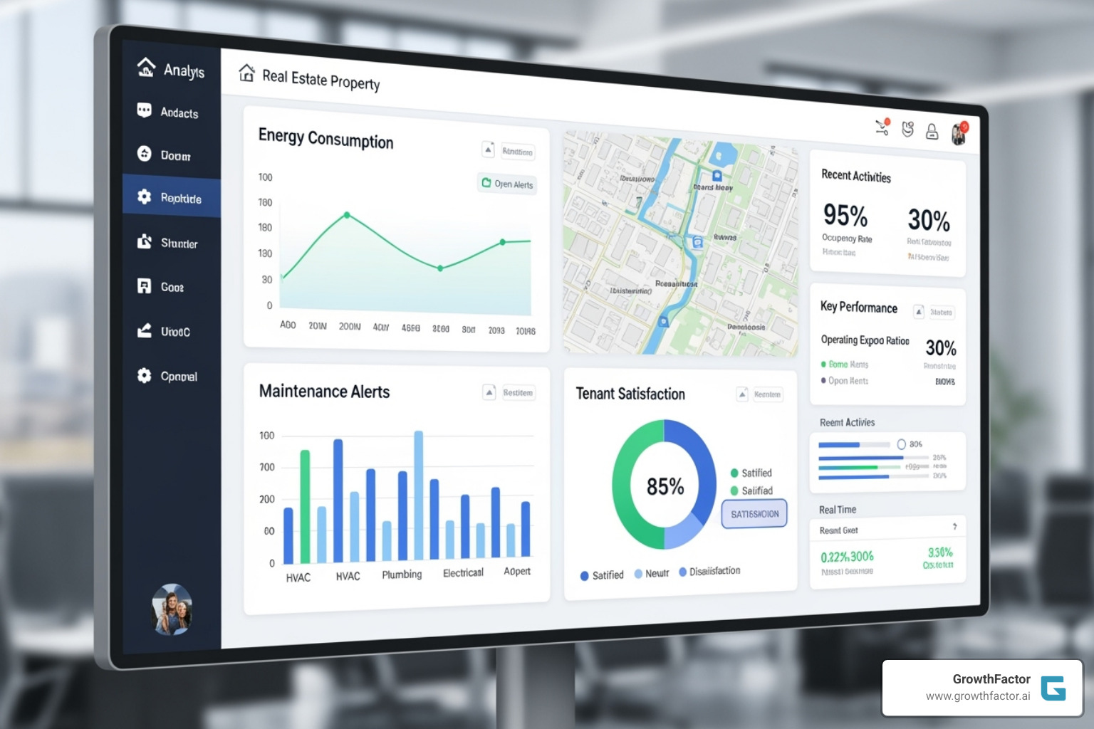 A dashboard showing AI-powered property management analytics, including energy consumption, maintenance alerts, and tenant satisfaction scores - commercial real estate AI