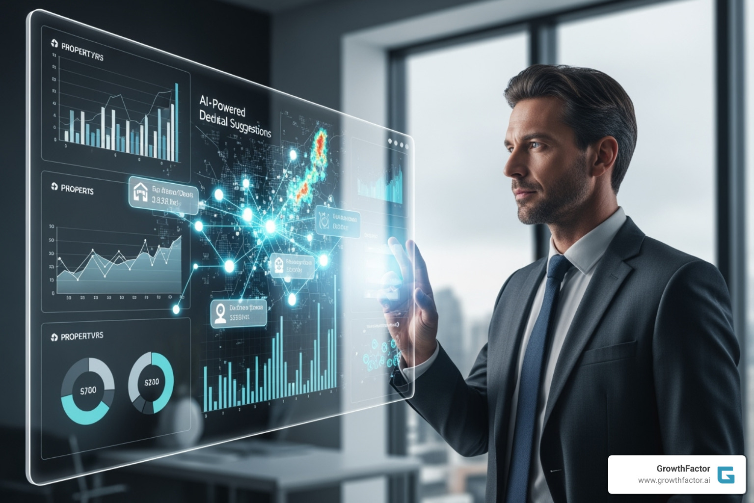 A futuristic user interface showing an AI agent assisting a CRE professional by analyzing market data and suggesting potential deals - commercial real estate AI