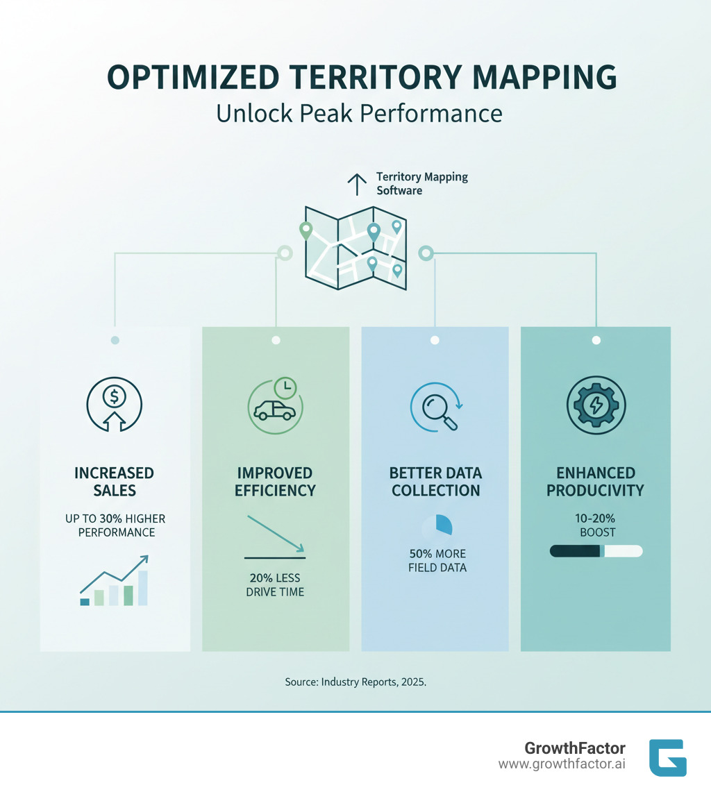 Infographic showing how optimized territory mapping leads to increased sales (up to 30% higher performance), improved efficiency (20% less drive time), better data collection (50% more field data), and enhanced productivity (10-20% boost) - territory mapping software infographic