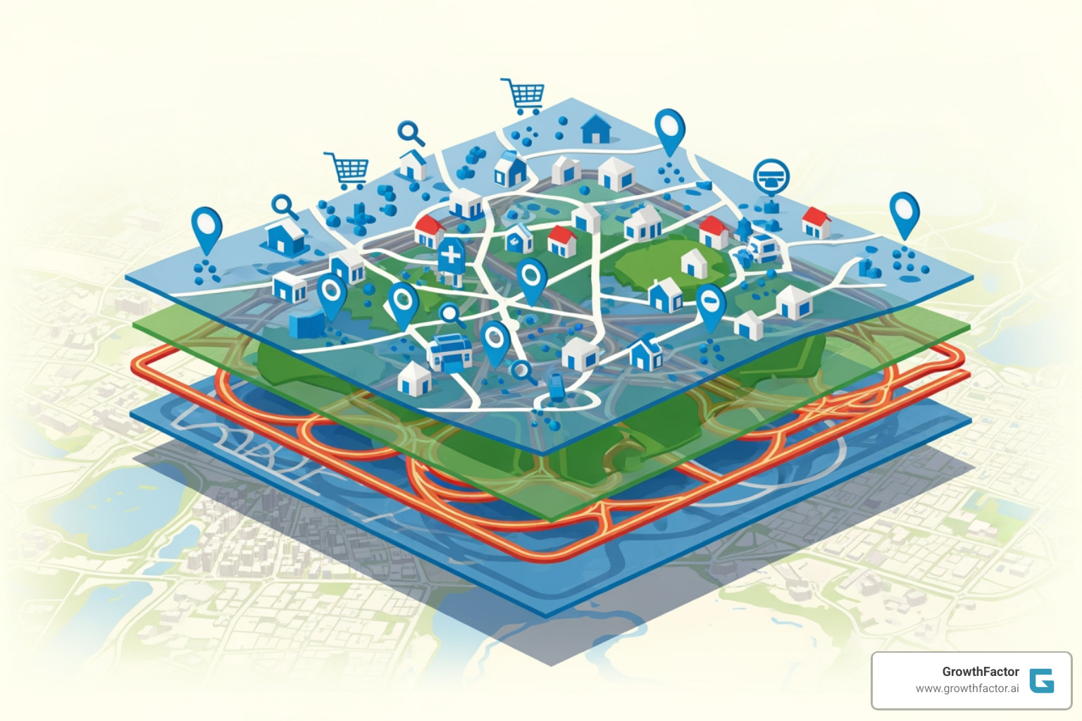 Illustration of various geospatial data types including points (e.g., store locations), lines (e.g., roads, routes), polygons (e.g., trade areas, administrative boundaries), and raster data (e.g., satellite imagery, elevation maps) - location intelligence
