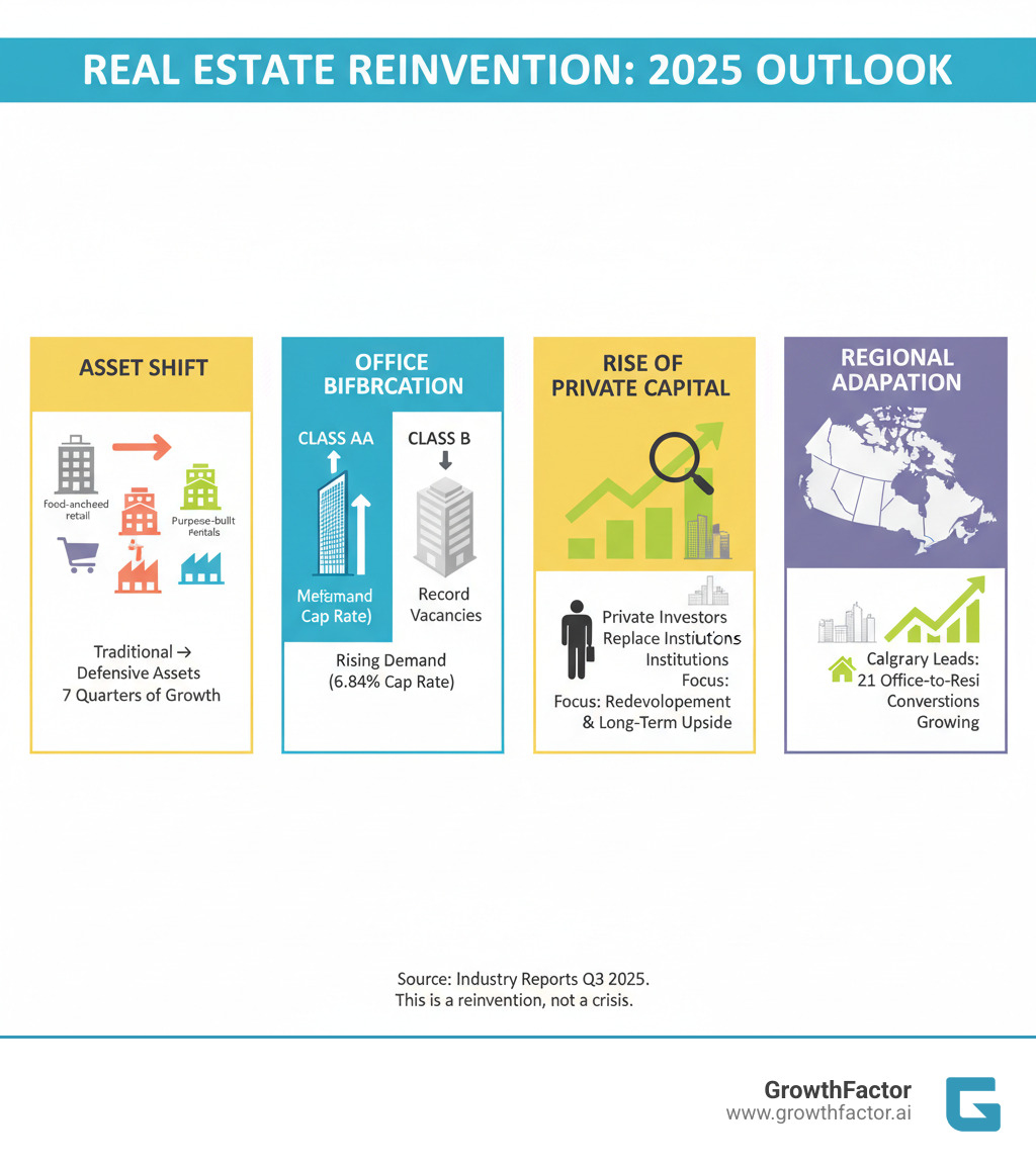 infographic showing the shift from traditional asset classes to defensive assets, the bifurcation of office properties, the rise of private capital, and key regional market performance - real estate development trends infographic infographic showing the shift from traditional asset classes to defensive assets, the bifurcation of office properties, the rise of private capital, and key regional market performance - real estate development trends infographic