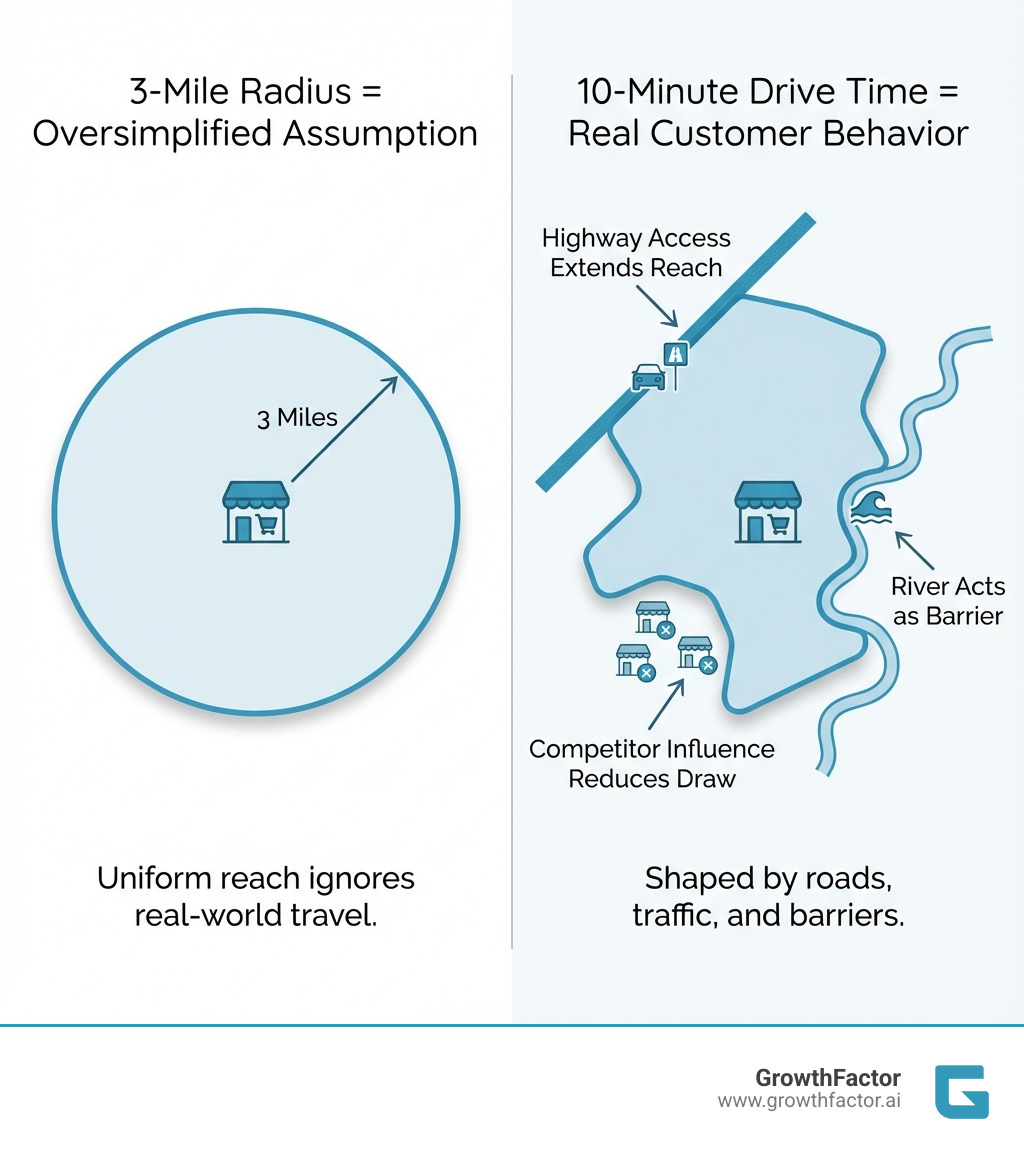 Infographic showing a comparison: left side displays a simple 3-mile radius circle around a store location with text '3-Mile Radius = Oversimplified Assumption,' right side shows an irregular 10-minute drive-time polygon shaped by roads and barriers with text '10-Minute Drive Time = Real Customer Behavior.' Arrows point to key differences: highways, rivers, and competitor locations that impact the actual trade area shape. - what is a trade area infographic Infographic showing a comparison: left side displays a simple 3-mile radius circle around a store location with text '3-Mile Radius = Oversimplified Assumption,' right side shows an irregular 10-minute drive-time polygon shaped by roads and barriers with text '10-Minute Drive Time = Real Customer Behavior.' Arrows point to key differences: highways, rivers, and competitor locations that impact the actual trade area shape. - what is a trade area infographic