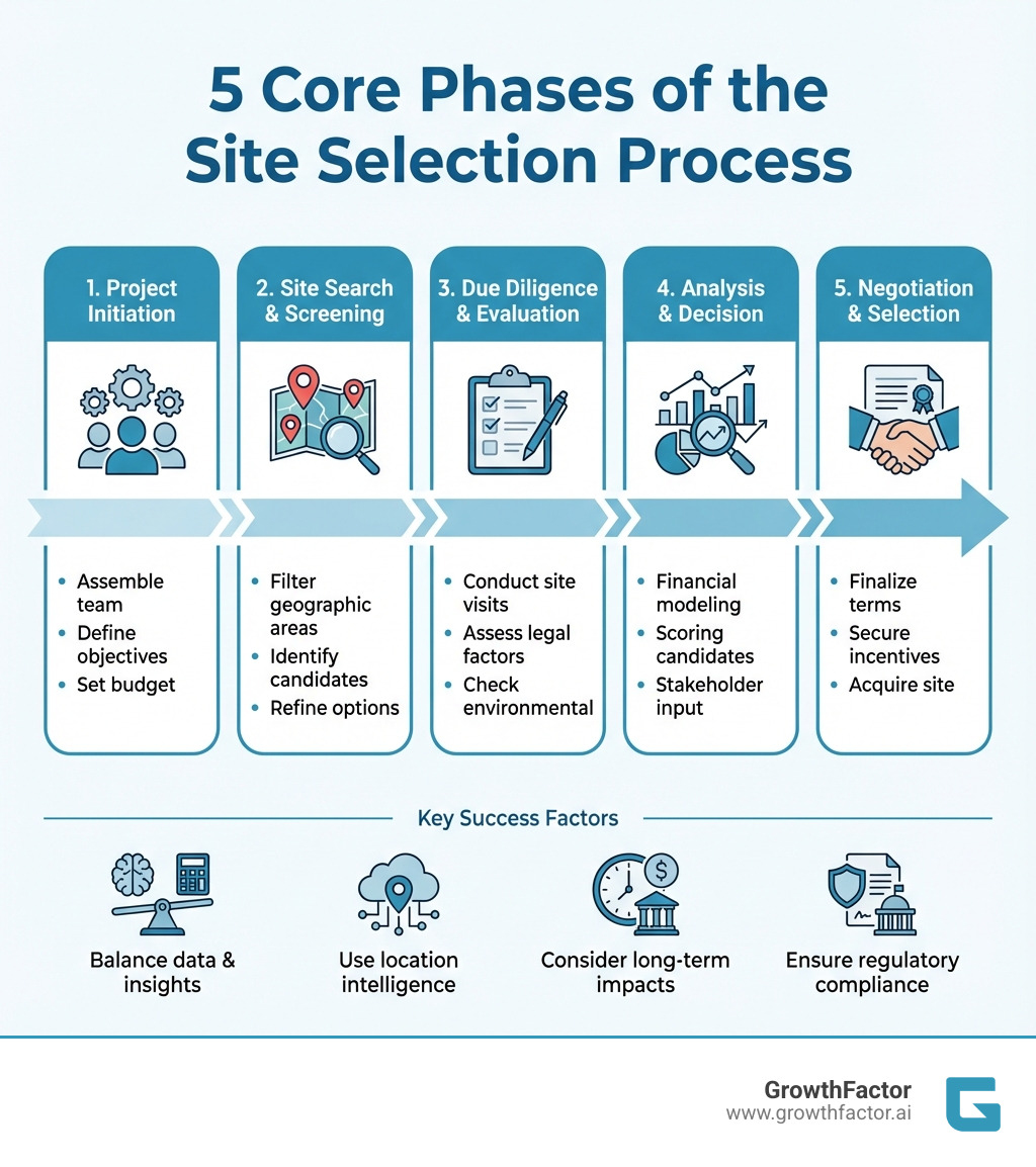 infographic showing the five phases of site selection process: project initiation with team icons, site search with map markers, due diligence with checklist, analysis with charts and graphs, and negotiation with handshake icon - site selection process infographic infographic showing the five phases of site selection process: project initiation with team icons, site search with map markers, due diligence with checklist, analysis with charts and graphs, and negotiation with handshake icon - site selection process infographic