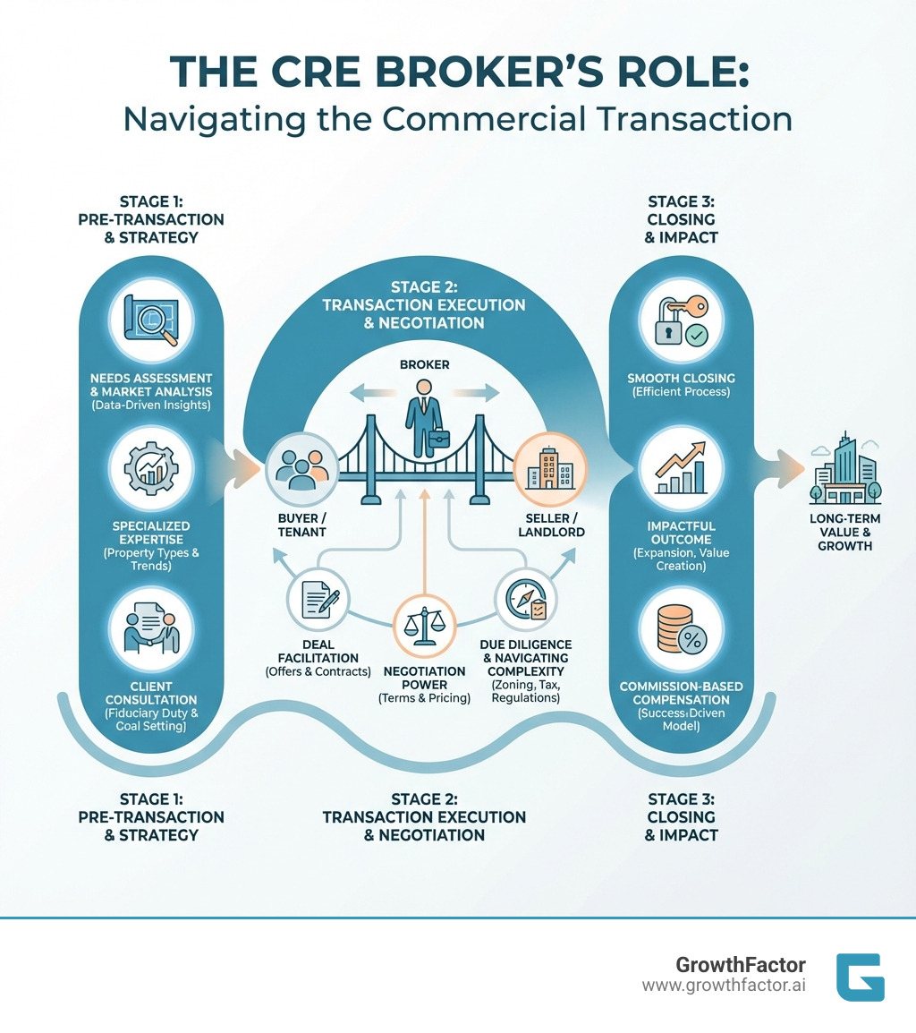infographic showing the CRE broker’s role throughout a transaction - what is a cre broker infographic infographic showing the CRE broker’s role throughout a transaction - what is a cre broker infographic