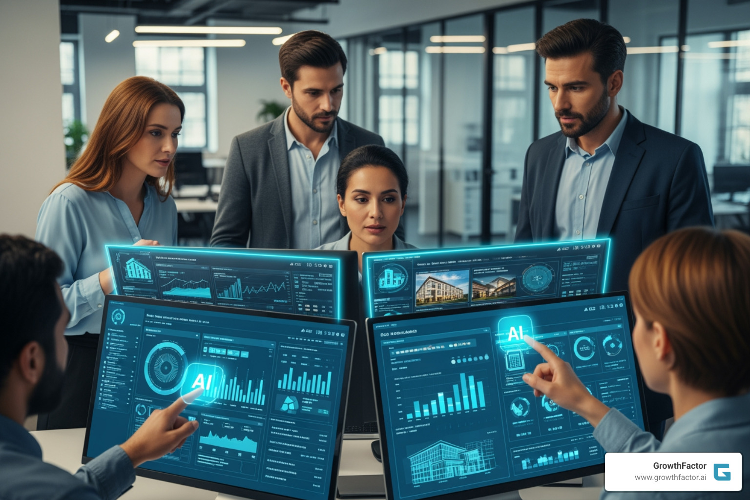 Commercial real estate professionals analyzing data on modern screens with AI overlays - AI for commercial real estate