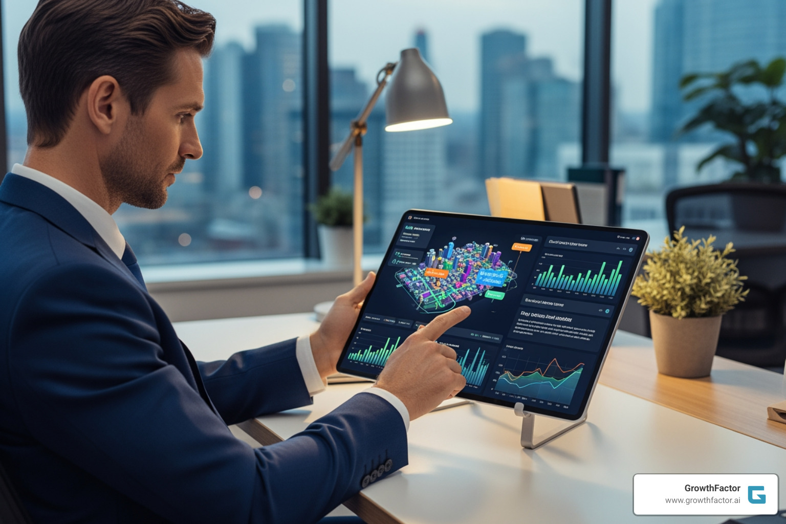 A real estate analyst interacting with an AI platform on a tablet, showing data visualizations and predictive models - AI for commercial real estate