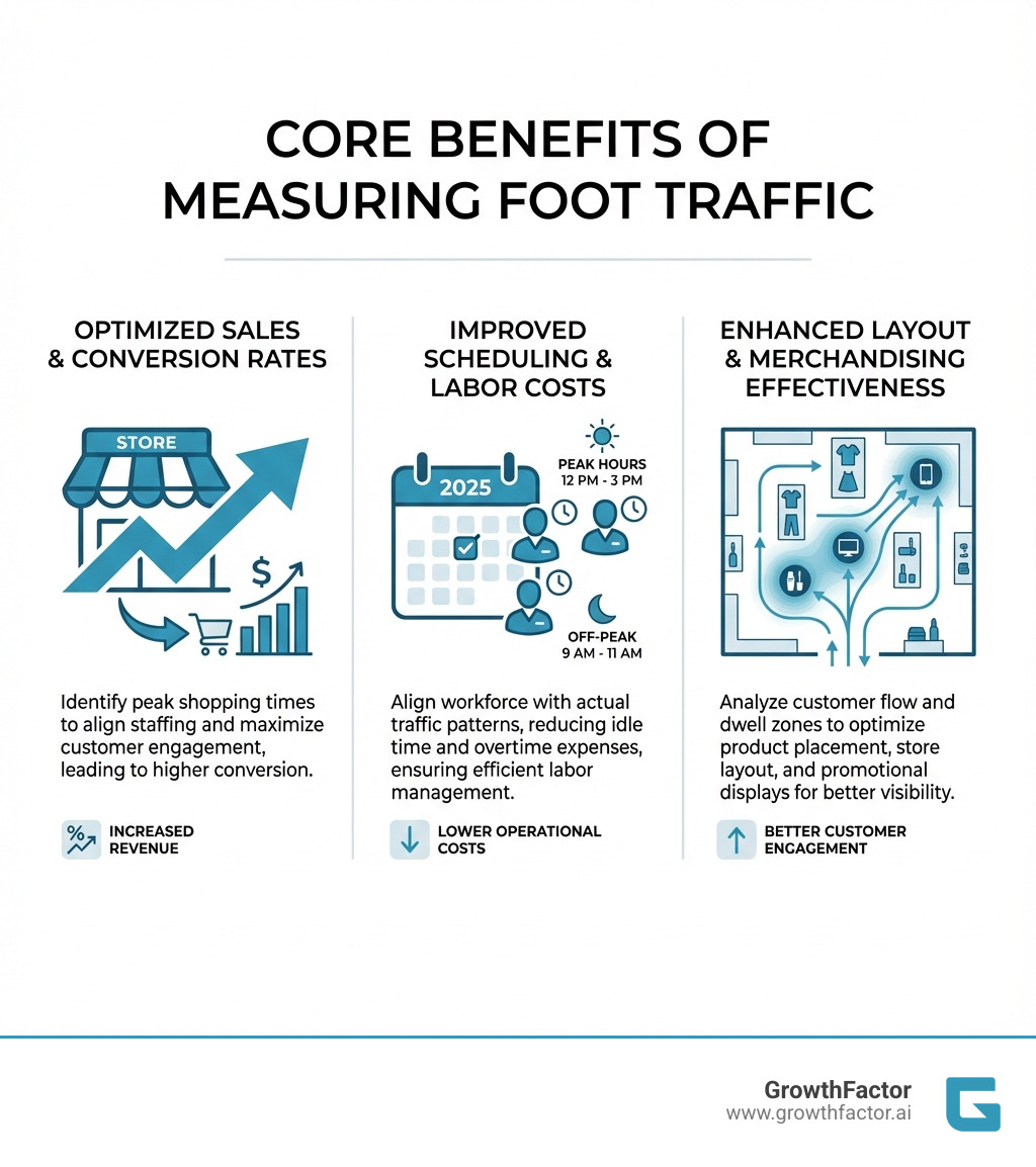 infographic showing three core benefits of measuring foot traffic: a store icon with upward arrow representing optimized sales and conversion rates, a calendar with staff icons showing improved scheduling and labor costs, and a store floor plan with movement paths illustrating enhanced layout and merchandising effectiveness - how to measure foot traffic in store infographic 