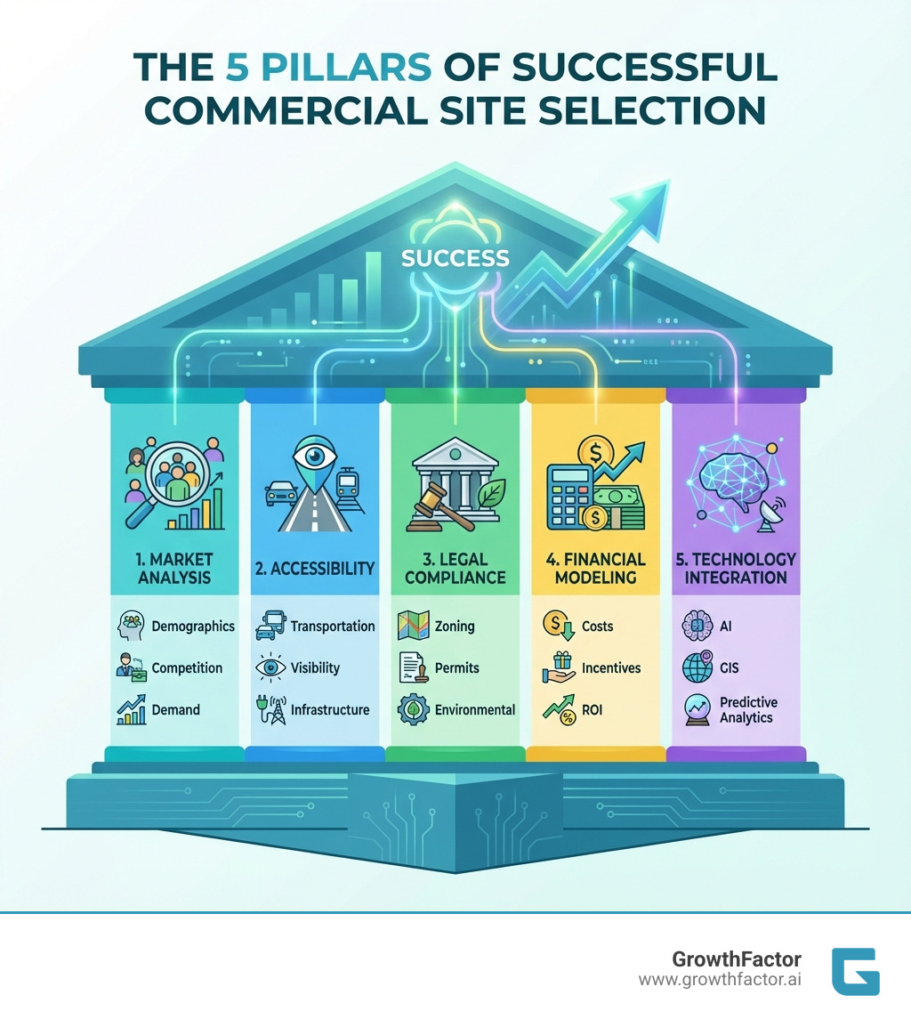 Infographic showing the 5 pillars of successful commercial site selection: 1. Market Analysis (demographics, competition, demand), 2. Accessibility (transportation, visibility, infrastructure), 3. Legal Compliance (zoning, permits, environmental), 4. Financial Modeling (costs, incentives, ROI), 5. Technology Integration (AI, GIS, predictive analytics) - commercial site selection infographic Infographic showing the 5 pillars of successful commercial site selection: 1. Market Analysis (demographics, competition, demand), 2. Accessibility (transportation, visibility, infrastructure), 3. Legal Compliance (zoning, permits, environmental), 4. Financial Modeling (costs, incentives, ROI), 5. Technology Integration (AI, GIS, predictive analytics) - commercial site selection infographic