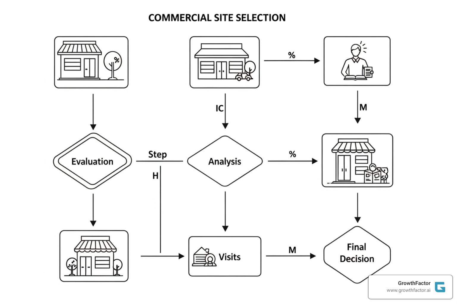 Flowchart illustrating the commercial site selection process from initial planning to final decision - commercial site selection Flowchart illustrating the commercial site selection process from initial planning to final decision - commercial site selection