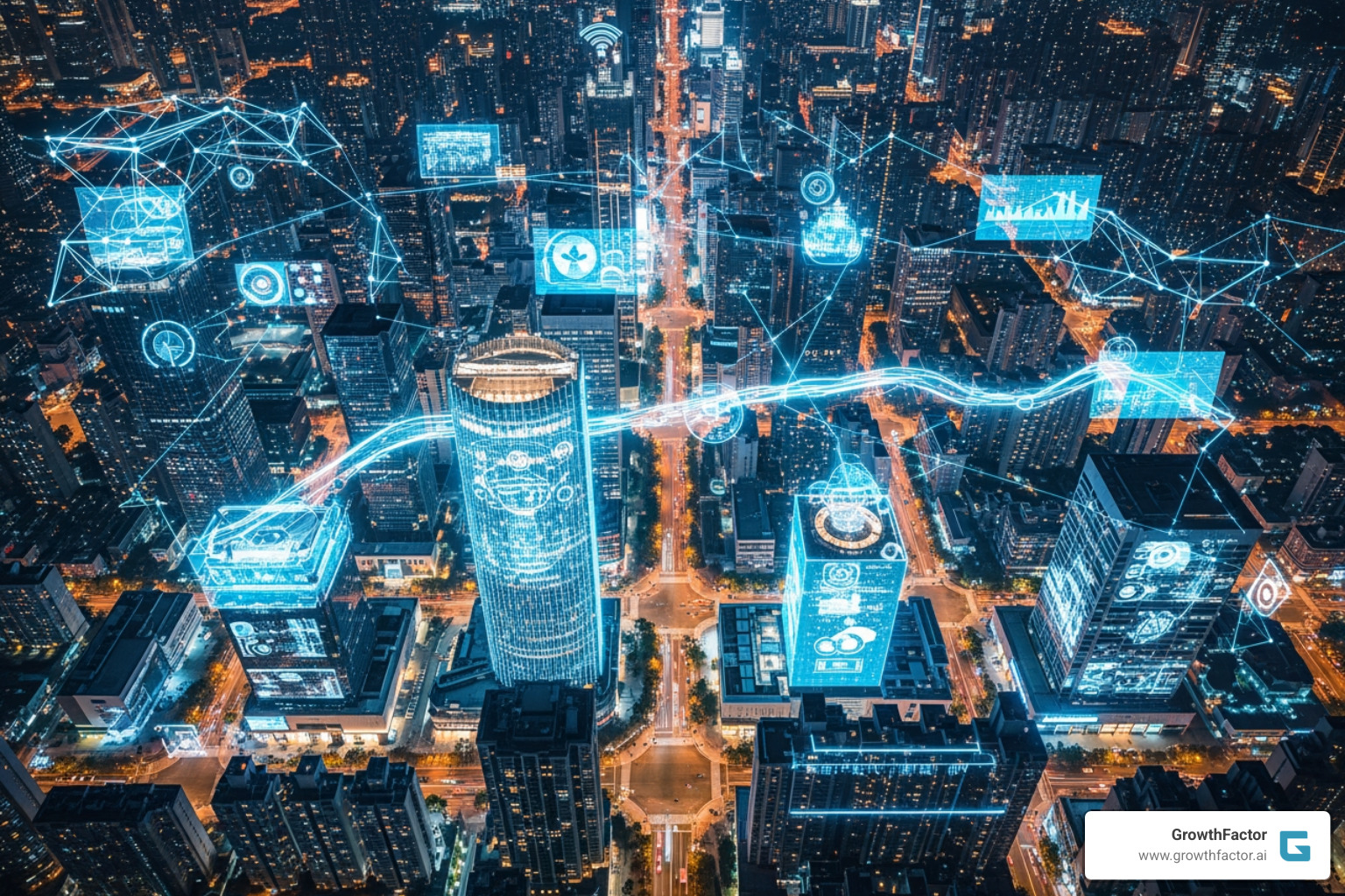 modern cityscape with digital data overlays and AI visualization - AI real estate development