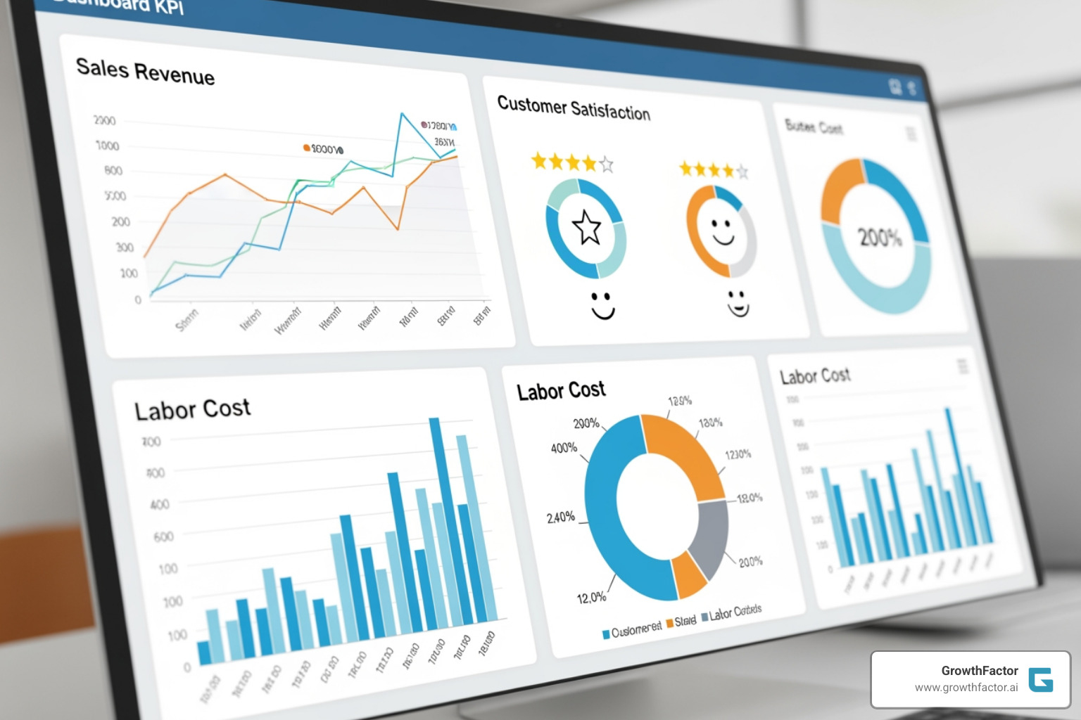 Customized dashboard highlighting key performance indicators (KPIs) like sales, customer satisfaction, and labor costs - Franchise analytics software Customized dashboard highlighting key performance indicators (KPIs) like sales, customer satisfaction, and labor costs - Franchise analytics software