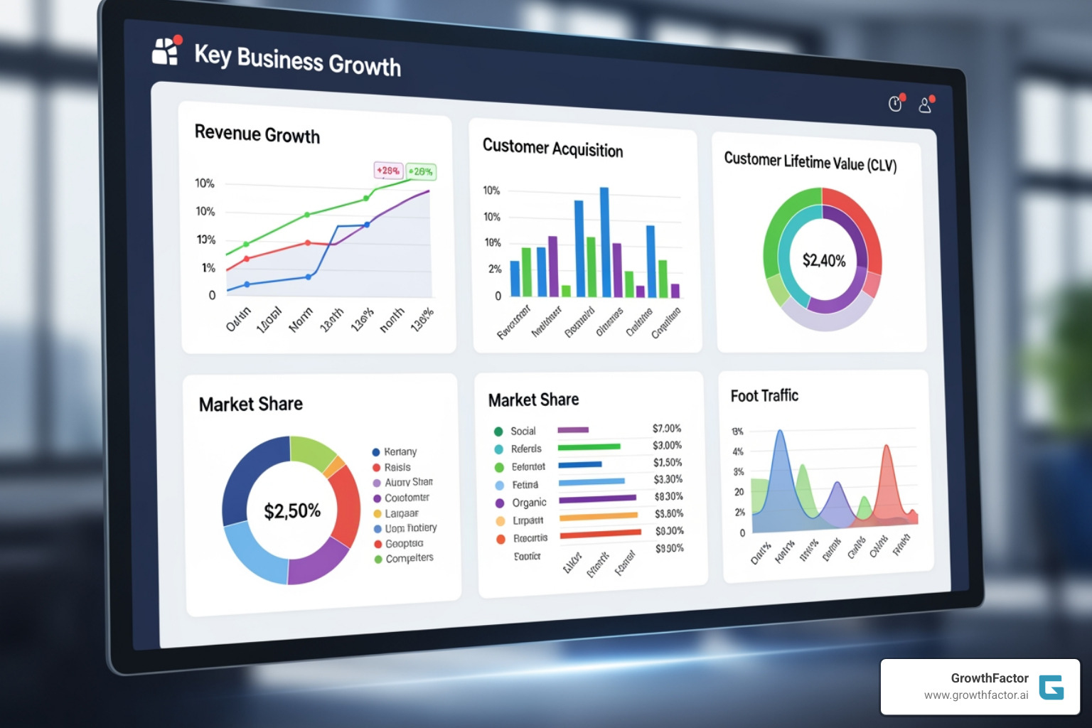 A brightly lit business dashboard displaying various charts and graphs representing key performance indicators (KPIs) for growth. Metrics like revenue growth, customer acquisition cost, customer lifetime value, market share, and foot traffic are clearly visible, with green indicators showing positive trends and red indicating areas needing attention. - strategic growth planning