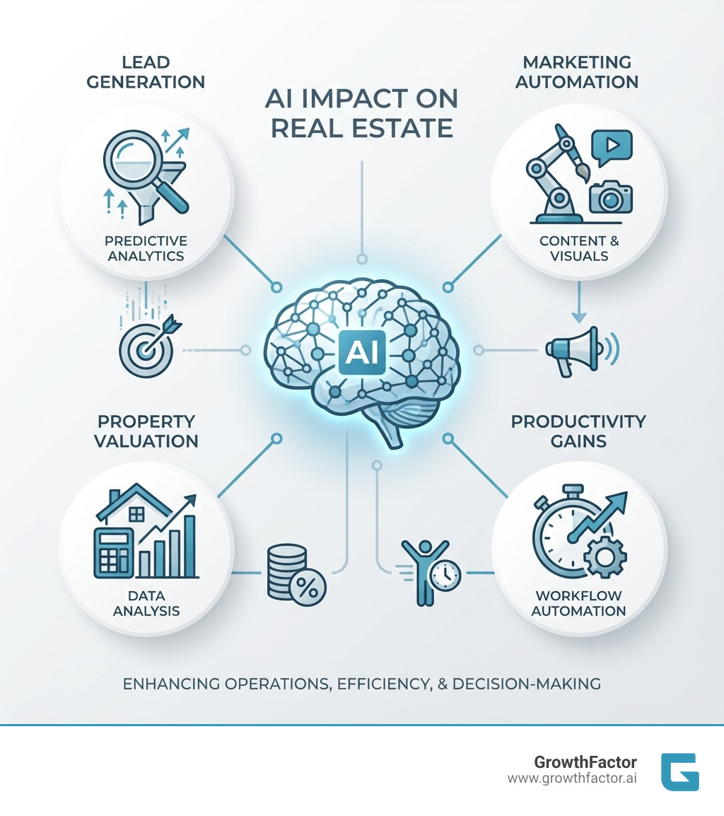 infographic showing AI impact on real estate: lead generation with predictive analytics, marketing automation for content and visuals, property valuation using data analysis, and productivity gains through workflow automation - AI real estate tools infographic 