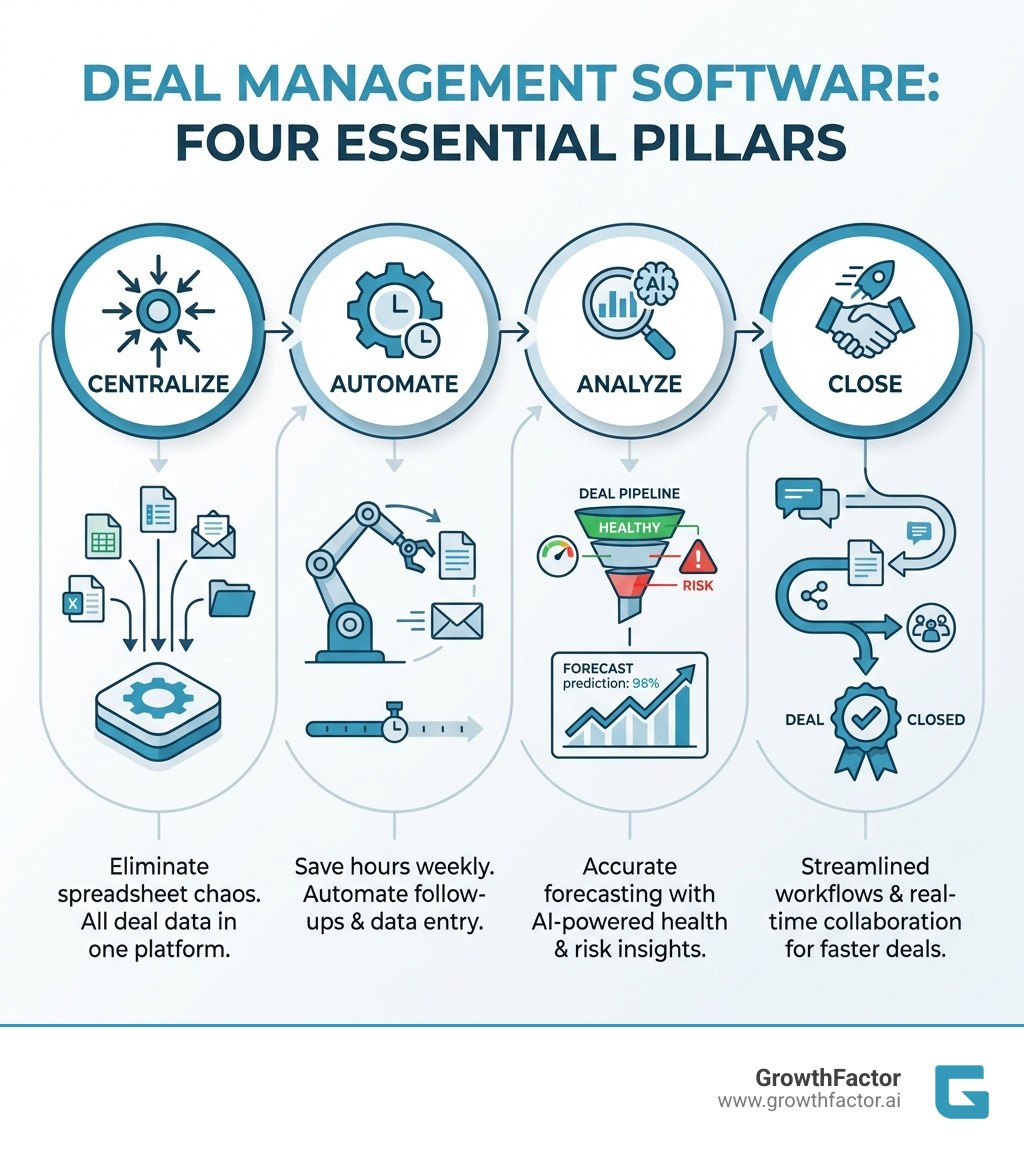 infographic showing four pillars of deal management software: Centralize all deal data in one platform eliminating spreadsheet chaos, Automate repetitive tasks like follow-ups and data entry saving hours weekly, Analyze pipeline health and deal risks with AI-powered insights for accurate forecasting, Close deals faster with streamlined workflows and real-time collaboration tools - deal management software infographic 
