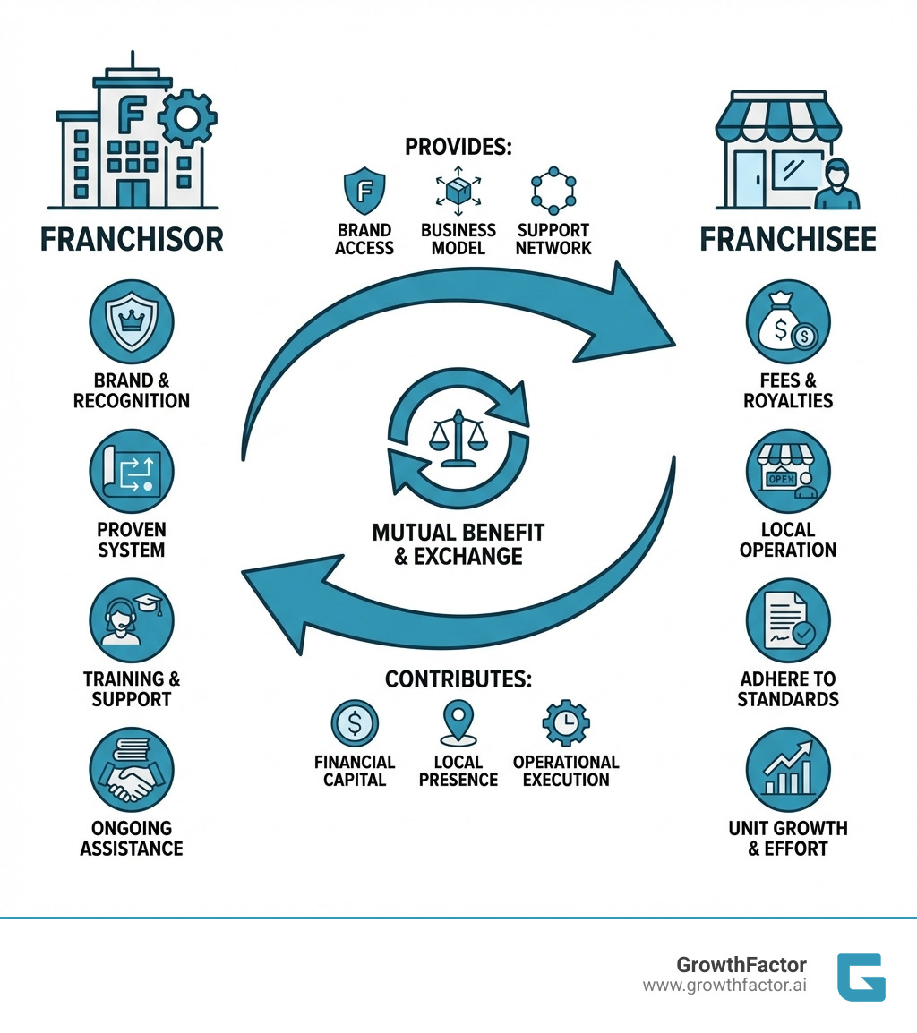infographic showing the franchise business model with franchisor providing brand, system, training and support on the left side, franchisee paying fees and operating local unit on the right side, with arrows showing the exchange of value between both parties - franchises opportunity infographic 