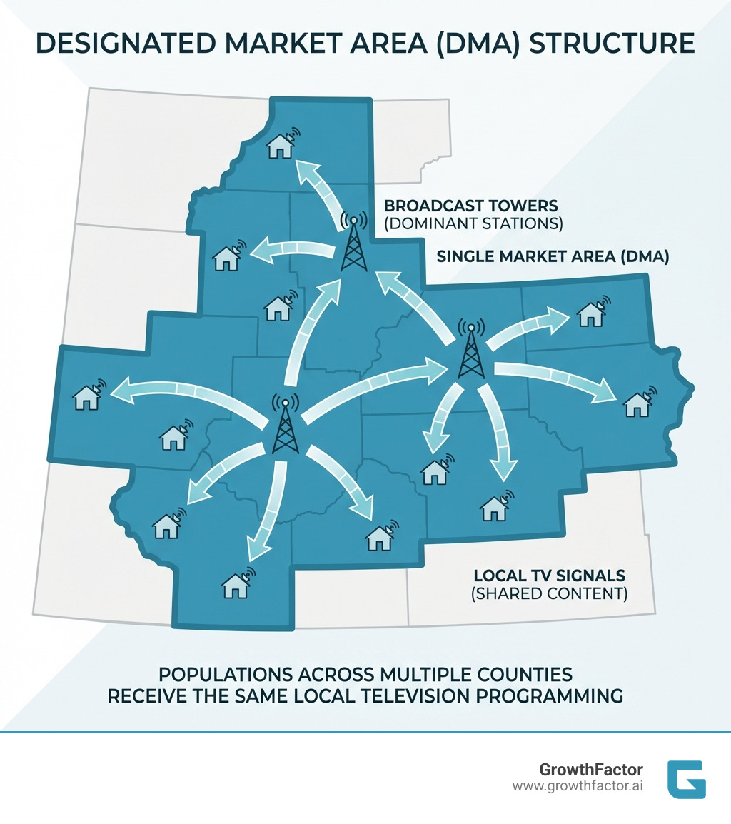Infographic showing the structure of a DMA: a map highlighting multiple counties grouped together as one market area, with arrows pointing from local TV broadcast towers to households within the region, illustrating how populations in these counties receive the same local television signals from dominant stations - what is a designated market area infographic 