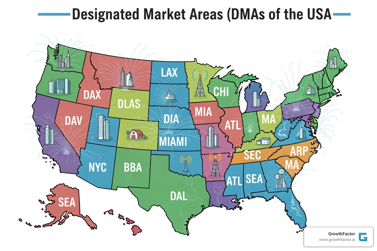 close-up on a specific DMA like New York or Los Angeles, highlighting the counties it includes - what is a designated market area