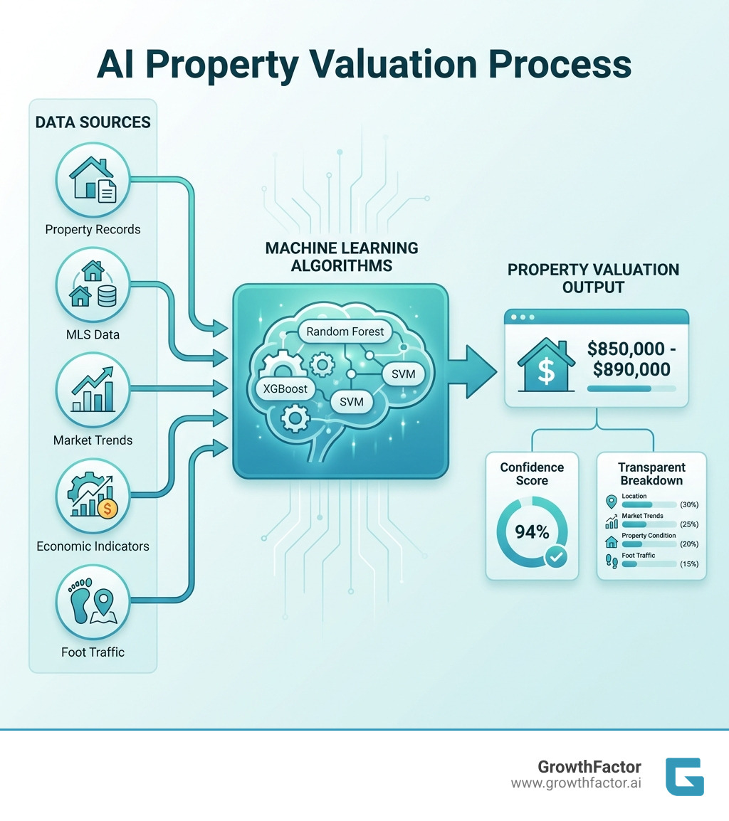 Infographic showing how AI property valuation works: data sources (property records, MLS data, market trends, economic indicators, foot traffic) flow into machine learning algorithms (Random Forest, XGBoost, SVM), which produce a property valuation with confidence score and transparent breakdown of factors influencing the price - AI property valuation infographic 