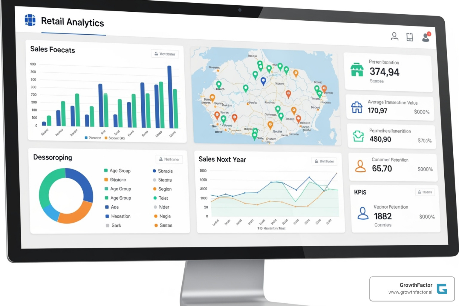 a retail analytics dashboard showing sales forecasts and customer demographics for different locations - predictive retail analytics